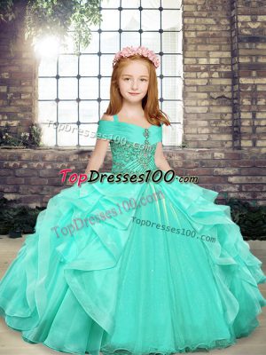 Excellent Straps Sleeveless Child Pageant Dress Floor Length Beading Apple Green Organza