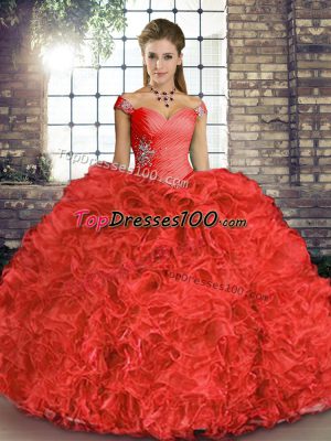 Glorious Coral Red Sleeveless Floor Length Beading and Ruffles Lace Up 15 Quinceanera Dress