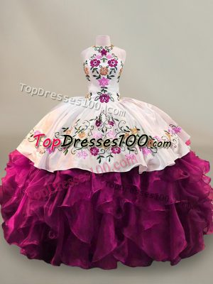 Sleeveless Floor Length Beading and Embroidery Lace Up Sweet 16 Dress with Fuchsia