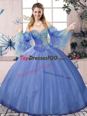 Affordable Beading Vestidos de Quinceanera Blue Lace Up Sleeveless Floor Length