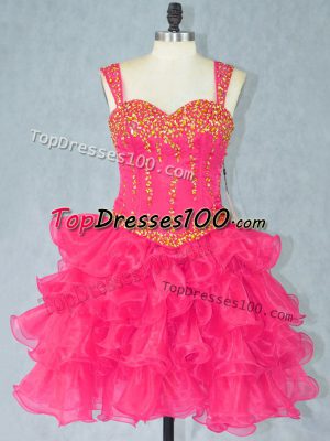 New Style Halter Top Sleeveless Prom Dresses Mini Length Beading and Ruffled Layers Hot Pink Organza
