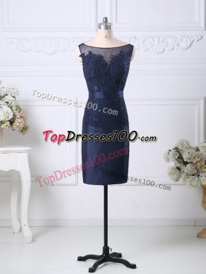Navy Blue Column/Sheath Scoop Sleeveless Satin Knee Length Zipper Beading and Lace Prom Gown