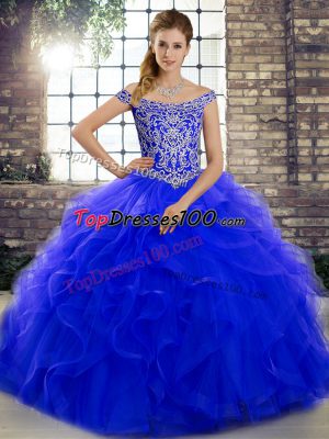 Custom Design Royal Blue Quinceanera Dress Tulle Brush Train Sleeveless Beading and Ruffles