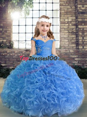 Spaghetti Straps Sleeveless Lace Up Little Girls Pageant Gowns Blue Fabric With Rolling Flowers