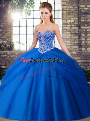 Gorgeous Blue Sweetheart Lace Up Beading and Pick Ups 15 Quinceanera Dress Brush Train Sleeveless