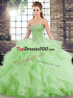Pretty Sweetheart Sleeveless Tulle Ball Gown Prom Dress Beading and Ruffles Brush Train Lace Up