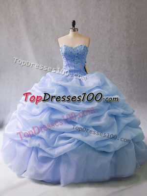 Light Blue Ball Gowns Beading and Pick Ups Quinceanera Gown Lace Up Organza Sleeveless