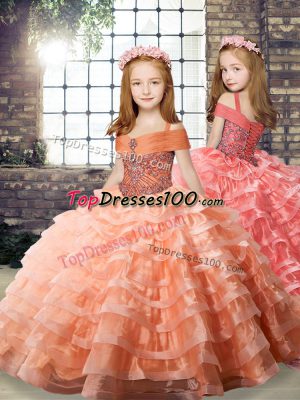 Eye-catching Straps Long Sleeves Organza Kids Pageant Dress Beading and Ruffled Layers Brush Train Lace Up