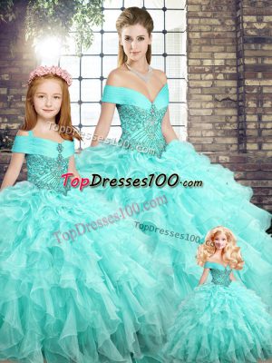 Dynamic Aqua Blue Off The Shoulder Lace Up Beading and Ruffles Quinceanera Gown Brush Train Sleeveless