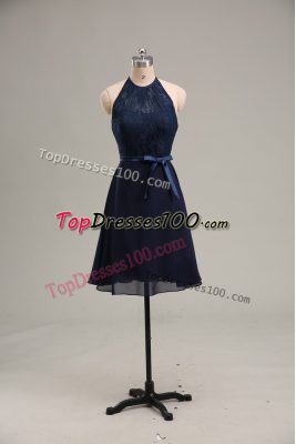 Artistic Navy Blue Chiffon Backless Scoop Sleeveless Mini Length Evening Dress Lace and Appliques