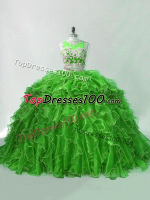 Green Scoop Zipper Beading and Ruffles 15 Quinceanera Dress Brush Train Sleeveless