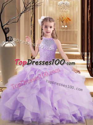 Unique Lavender Lace Up Child Pageant Dress Beading and Ruffles Sleeveless Floor Length