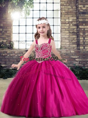 Fuchsia Ball Gowns Beading High School Pageant Dress Lace Up Tulle Sleeveless Floor Length