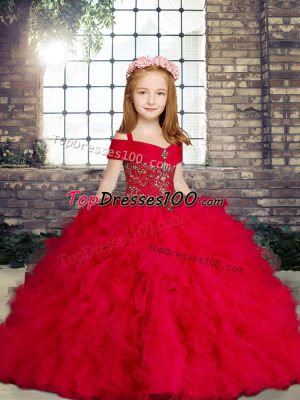 Tulle Sleeveless Floor Length Child Pageant Dress and Beading and Ruffles