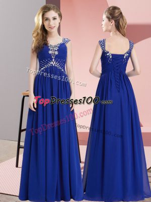New Arrival Royal Blue Sleeveless Floor Length Beading Lace Up Prom Party Dress