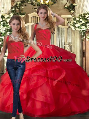 Fitting Floor Length Two Pieces Sleeveless Red Sweet 16 Quinceanera Dress Lace Up