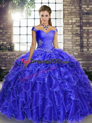 Beautiful Royal Blue Sleeveless Brush Train Beading and Ruffles Sweet 16 Quinceanera Dress