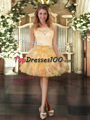 Flare Gold Ball Gowns Organza Scoop Sleeveless Lace and Ruffles Mini Length Zipper Homecoming Dress Online