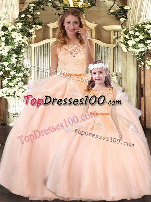Sleeveless Floor Length Lace Zipper Quinceanera Dresses with Peach