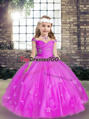 Trendy Straps Sleeveless Little Girls Pageant Dress Wholesale Floor Length Beading and Hand Made Flower Fuchsia Tulle