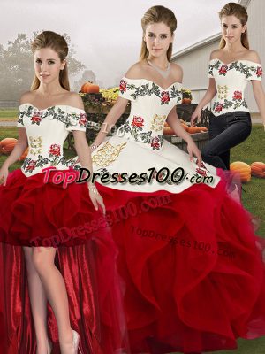 White And Red Sleeveless Floor Length Embroidery and Ruffles Lace Up Quinceanera Gowns