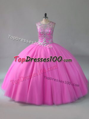 Gorgeous Beading 15 Quinceanera Dress Rose Pink Lace Up Sleeveless Floor Length