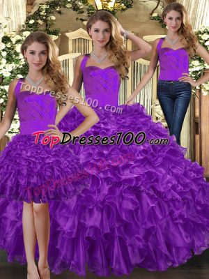 Sleeveless Floor Length Ruffles Lace Up Quinceanera Gowns with Purple