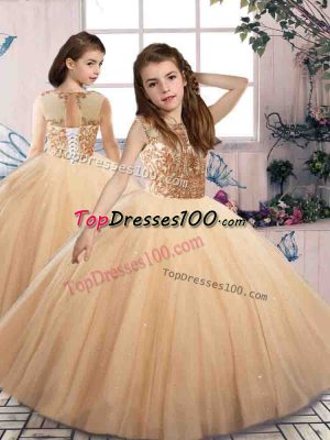 Customized Sleeveless Tulle Floor Length Lace Up Little Girls Pageant Dress Wholesale in Champagne with Beading