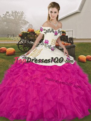 Fuchsia Ball Gowns Organza Off The Shoulder Sleeveless Embroidery and Ruffles Floor Length Lace Up Sweet 16 Quinceanera Dress