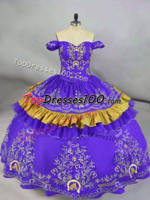 Purple Ball Gowns Off The Shoulder Sleeveless Satin Floor Length Lace Up Embroidery Sweet 16 Quinceanera Dress