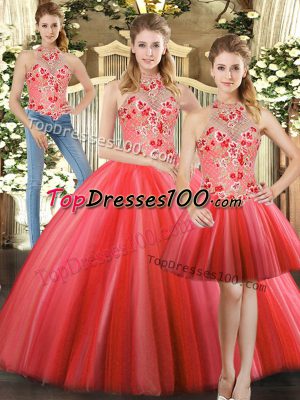 Three Pieces Quince Ball Gowns Red Halter Top Tulle Sleeveless Floor Length Lace Up