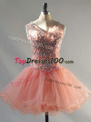 Beading Evening Dress Peach Lace Up Sleeveless Mini Length