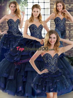 Sleeveless Floor Length Beading and Ruffles Lace Up Sweet 16 Dresses with Navy Blue