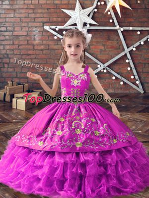 Trendy Sleeveless Lace Up Floor Length Embroidery and Ruffled Layers Little Girls Pageant Gowns