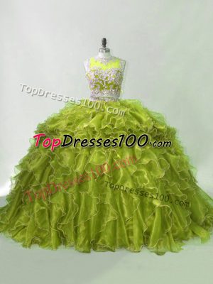 Vintage Sleeveless Beading and Ruffles Zipper Sweet 16 Quinceanera Dress with Olive Green Brush Train