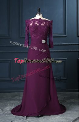 Purple Zipper Homecoming Dress Beading and Lace Sleeveless Brush Train