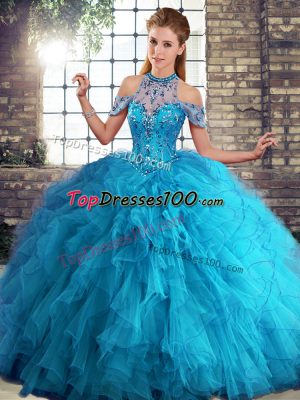 Customized Blue Sleeveless Beading and Ruffles Floor Length Quince Ball Gowns
