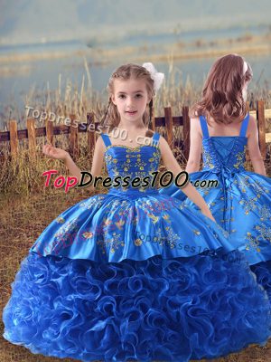 Embroidery Girls Pageant Dresses Blue Lace Up Sleeveless Sweep Train