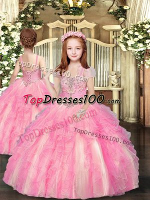 Baby Pink Tulle Lace Up Straps Sleeveless Floor Length Little Girls Pageant Dress Beading and Ruffles