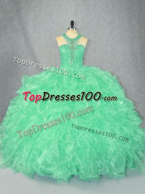 Apple Green Organza Zipper Scoop Sleeveless Floor Length Sweet 16 Dresses Beading and Ruffles