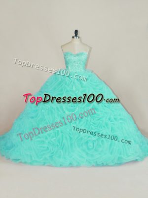 Pretty Sleeveless Beading and Ruffles Lace Up Quince Ball Gowns with Aqua Blue Court Train