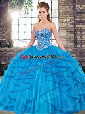 Flirting Blue Lace Up 15 Quinceanera Dress Beading and Ruffles Sleeveless Floor Length