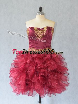 Discount Wine Red Lace Up Prom Evening Gown Embroidery and Ruffles Sleeveless Mini Length