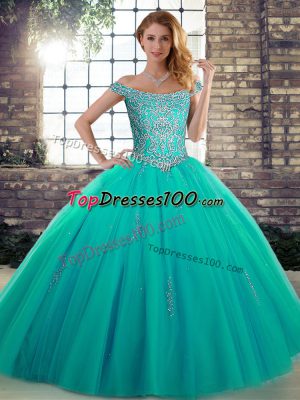 Tulle Sleeveless Floor Length 15th Birthday Dress and Beading