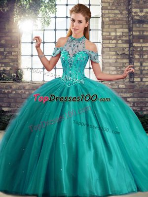 Sexy Tulle Halter Top Sleeveless Brush Train Lace Up Beading 15th Birthday Dress in Turquoise