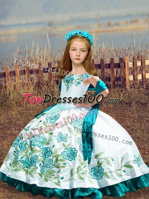 Off The Shoulder Sleeveless Kids Pageant Dress Floor Length Embroidery White Satin