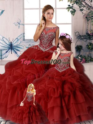 Organza Scoop Sleeveless Brush Train Zipper Beading and Pick Ups Sweet 16 Quinceanera Dress in Wine Red