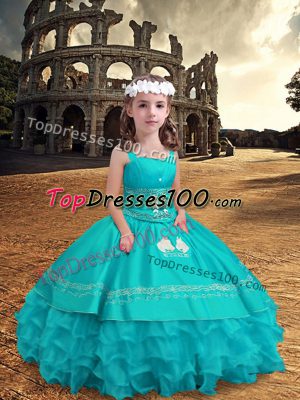 Aqua Blue Straps Neckline Embroidery and Ruffled Layers Glitz Pageant Dress Sleeveless Zipper