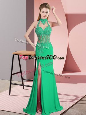 Elegant Green Column/Sheath Beading and Lace and Appliques Evening Dress Backless Chiffon Sleeveless Floor Length