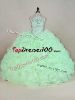 Apple Green Halter Top Lace Up Beading and Ruffles 15th Birthday Dress Sleeveless